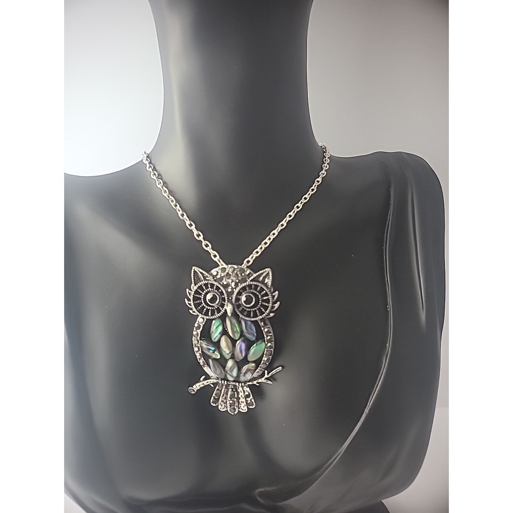 New Necklace Chain Silver Tone Owl Silver Tone Green Purple Rhinestones Jewelry